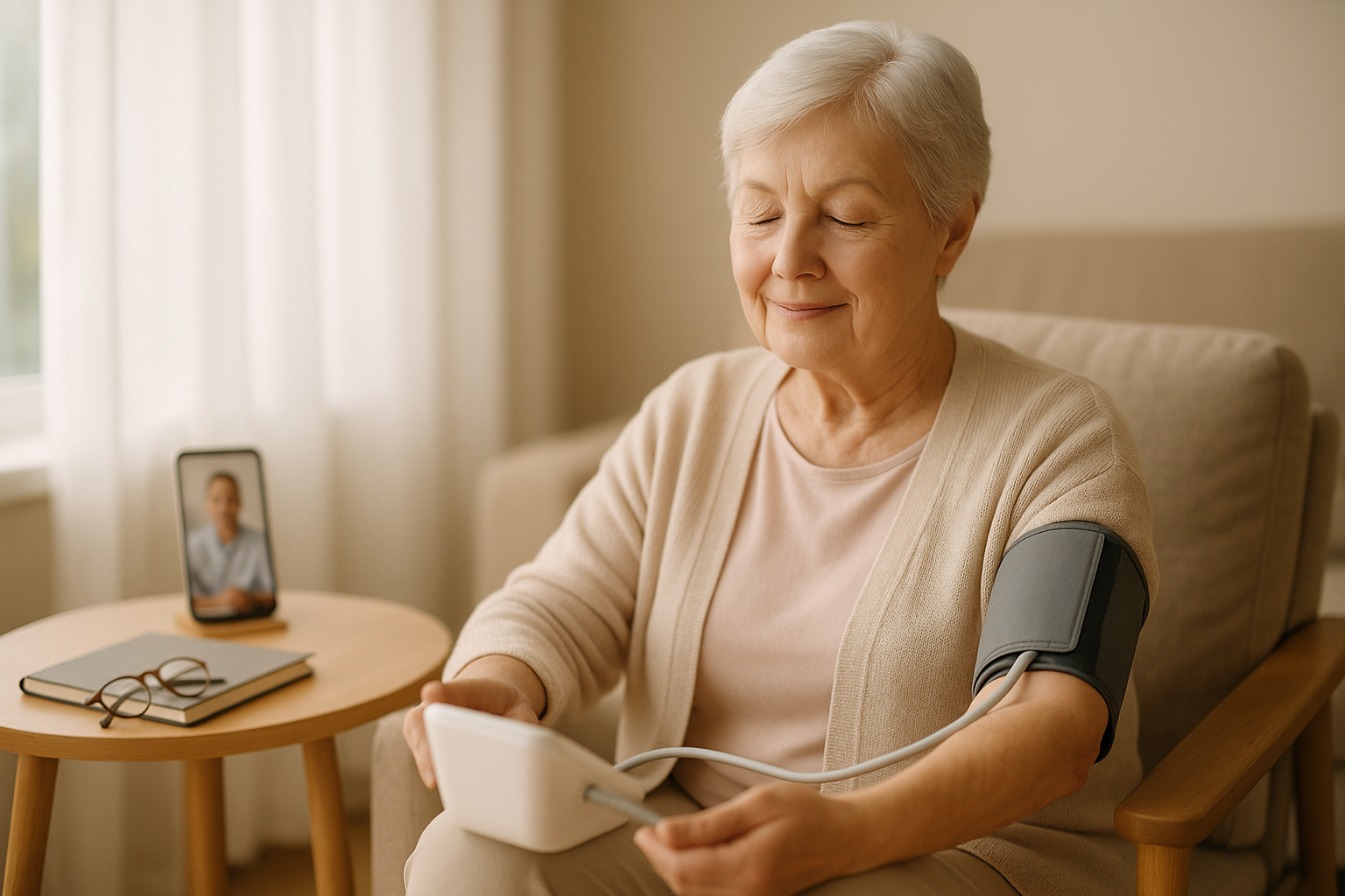 Пожилая женщина спокойно измеряет давление дома, рядом по телефону консультирует врач-геронтолог